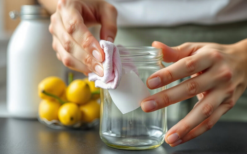 Wiping sticky sticker residue off a glass jar with a soft cloth