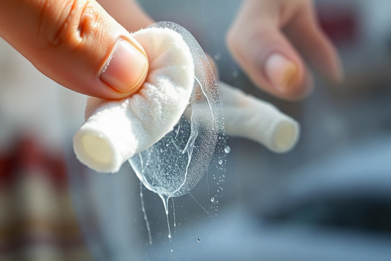 Cotton pad with rubbing alcohol removing sticker residue from a glass window