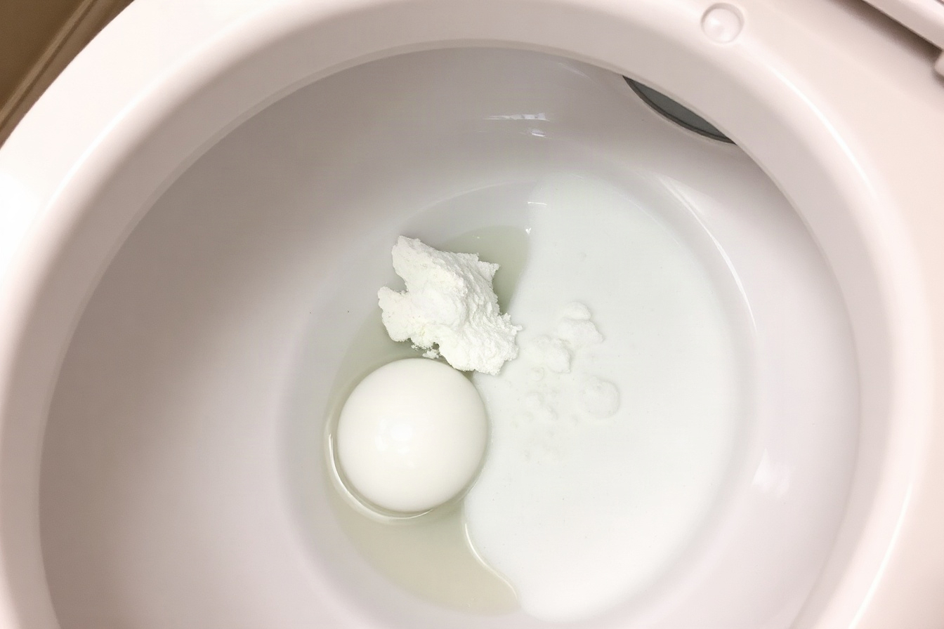 Baking soda and vinegar reacting inside a toilet bowl