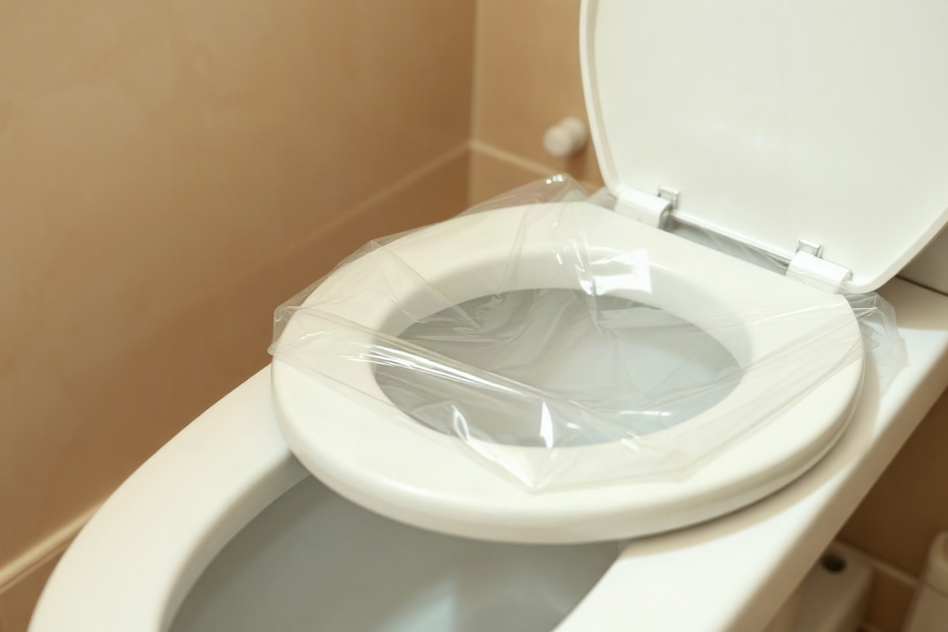 Clingfilm stretched tightly and sealed over the toilet bowl rim