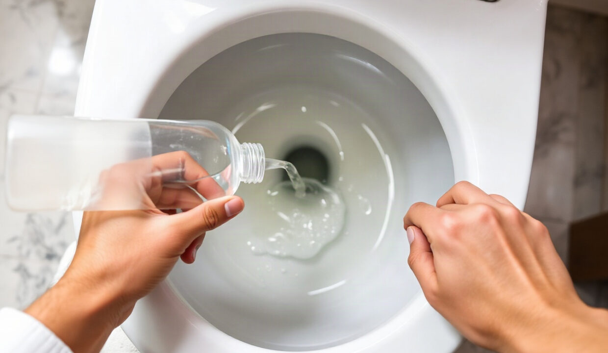 Washing up liquid being poured into a toilet bowl to unblock it