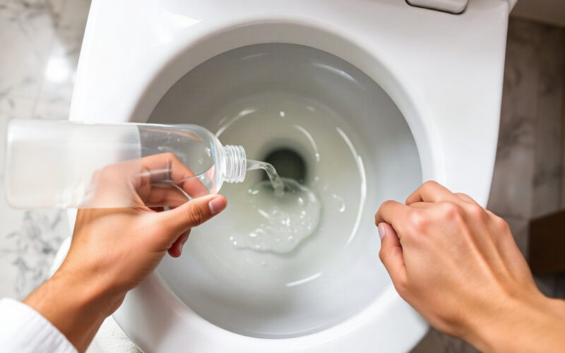 Washing up liquid being poured into a toilet bowl to unblock it