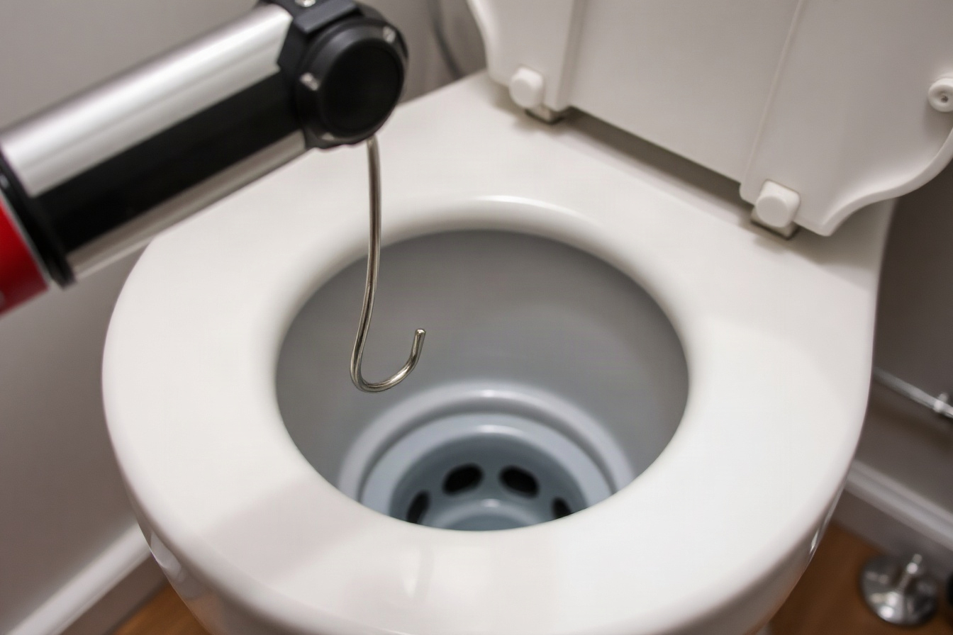 A padded wire coat hanger inserted into a toilet drain