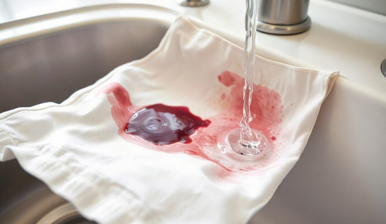 A fresh blood stain on white cotton fabric being rinsed under cold running water from the back