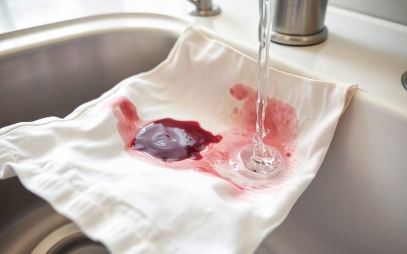 A fresh blood stain on white cotton fabric being rinsed under cold running water from the back