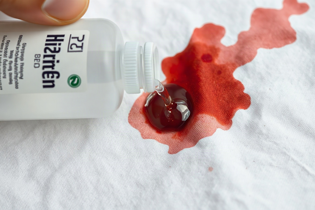Hydrogen peroxide being poured onto a dried brownish blood stain on white fabric, bubbling fizz visible