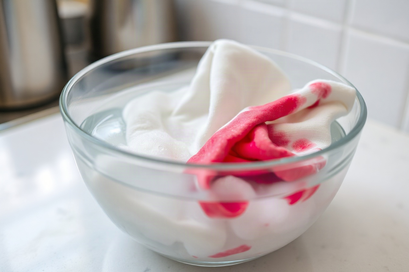 A stained white garment soaking in a bowl of cold salt water
