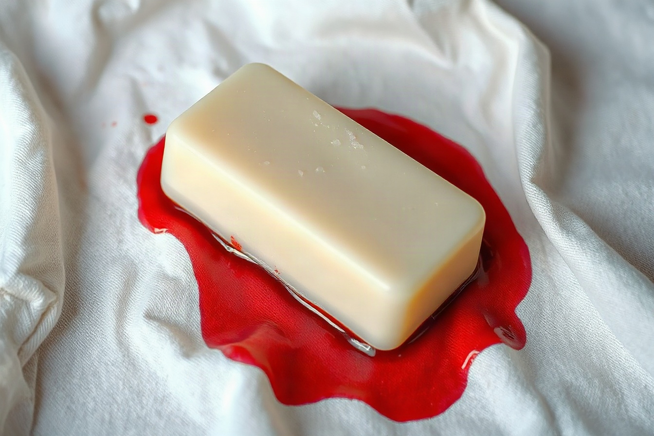 A bar of soap being rubbed into a dark red stain on light cotton fabric