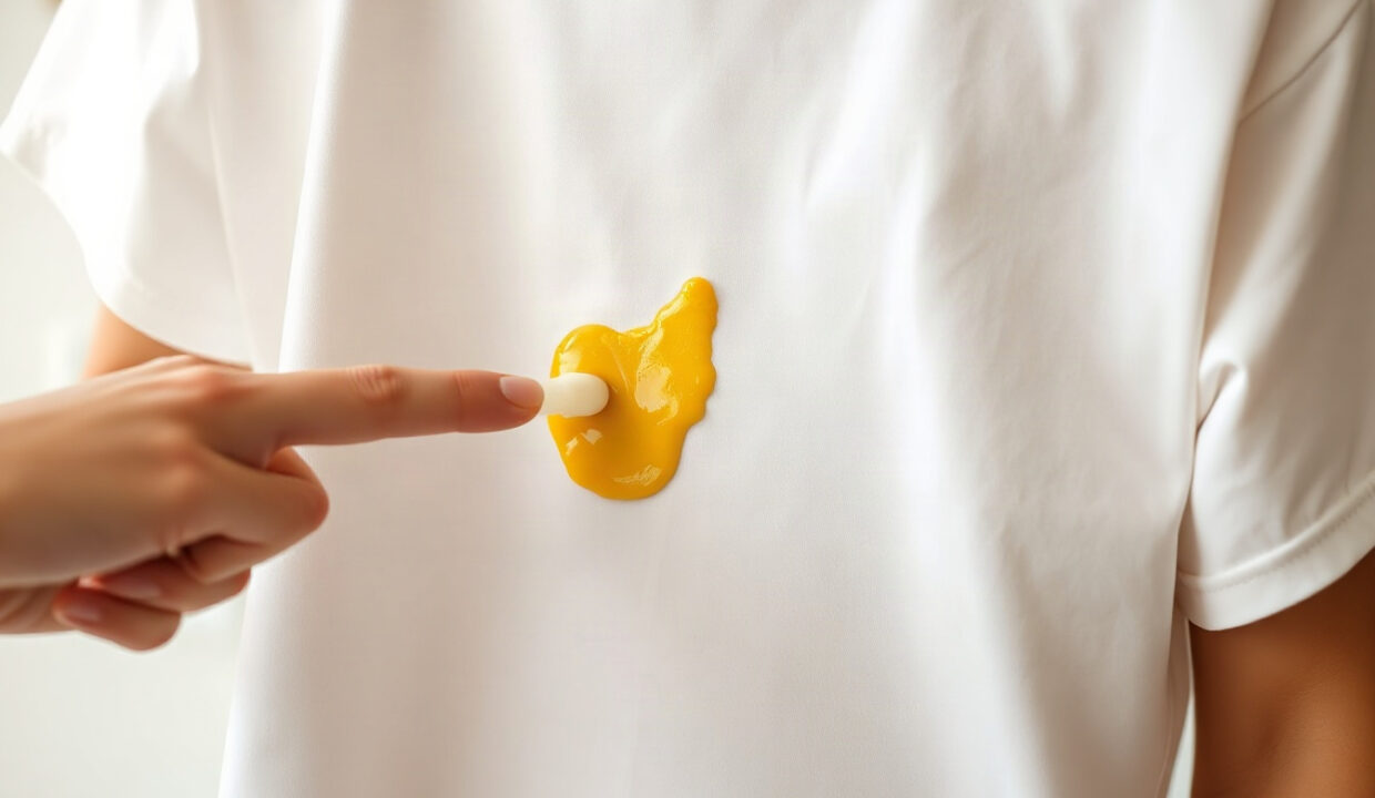 Liquid dish soap being worked into a yellow curry stain on a white cotton shirt