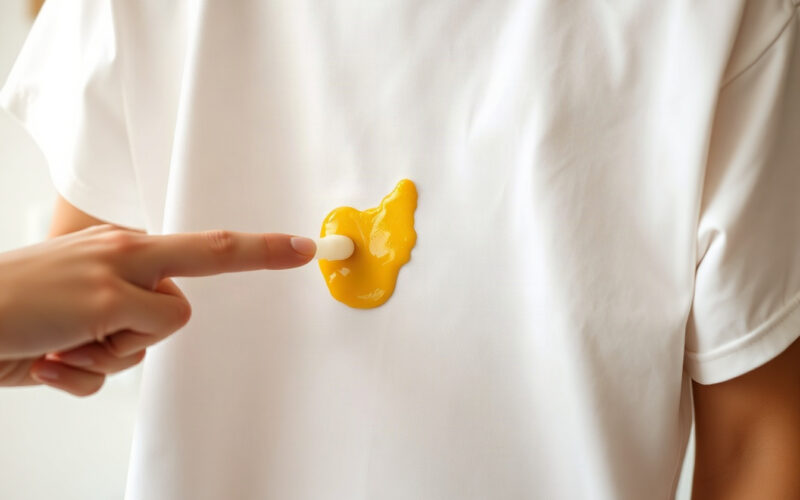 Liquid dish soap being worked into a yellow curry stain on a white cotton shirt