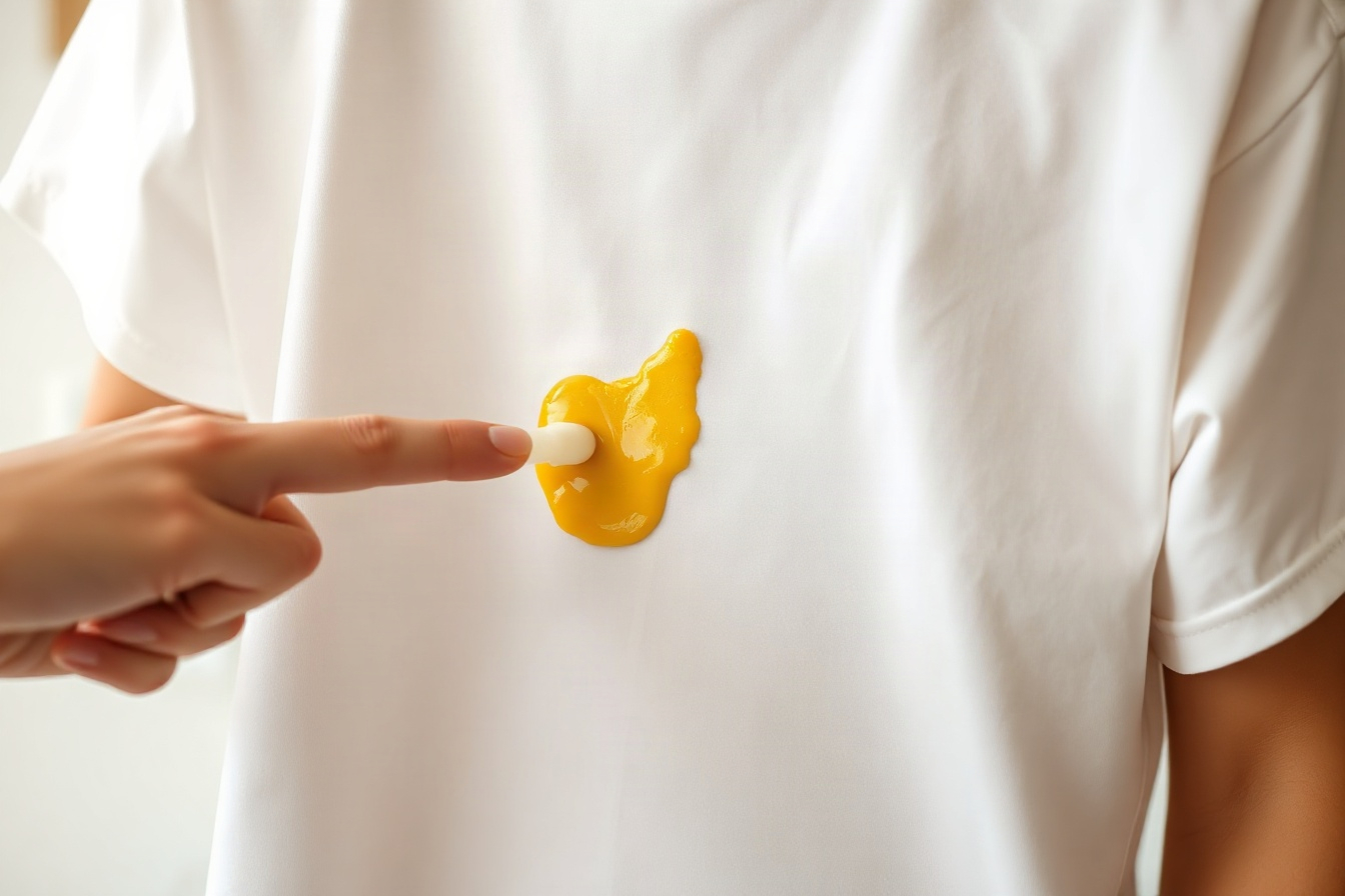 Liquid dish soap being worked into a yellow curry stain on a white cotton shirt