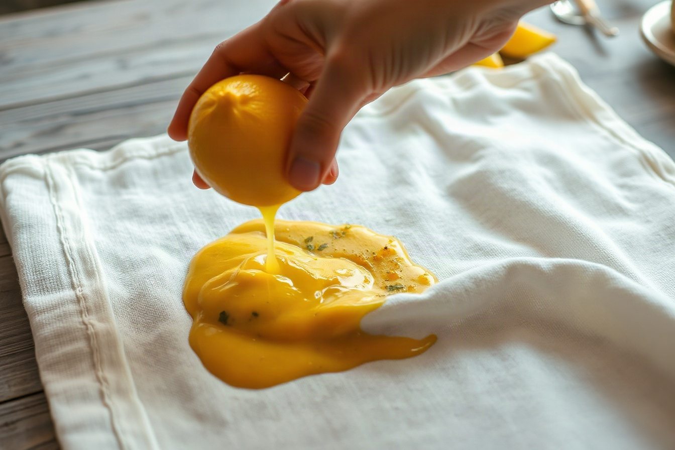 A hand squeezing fresh lemon juice directly onto a yellow curry stain on a cotton garment