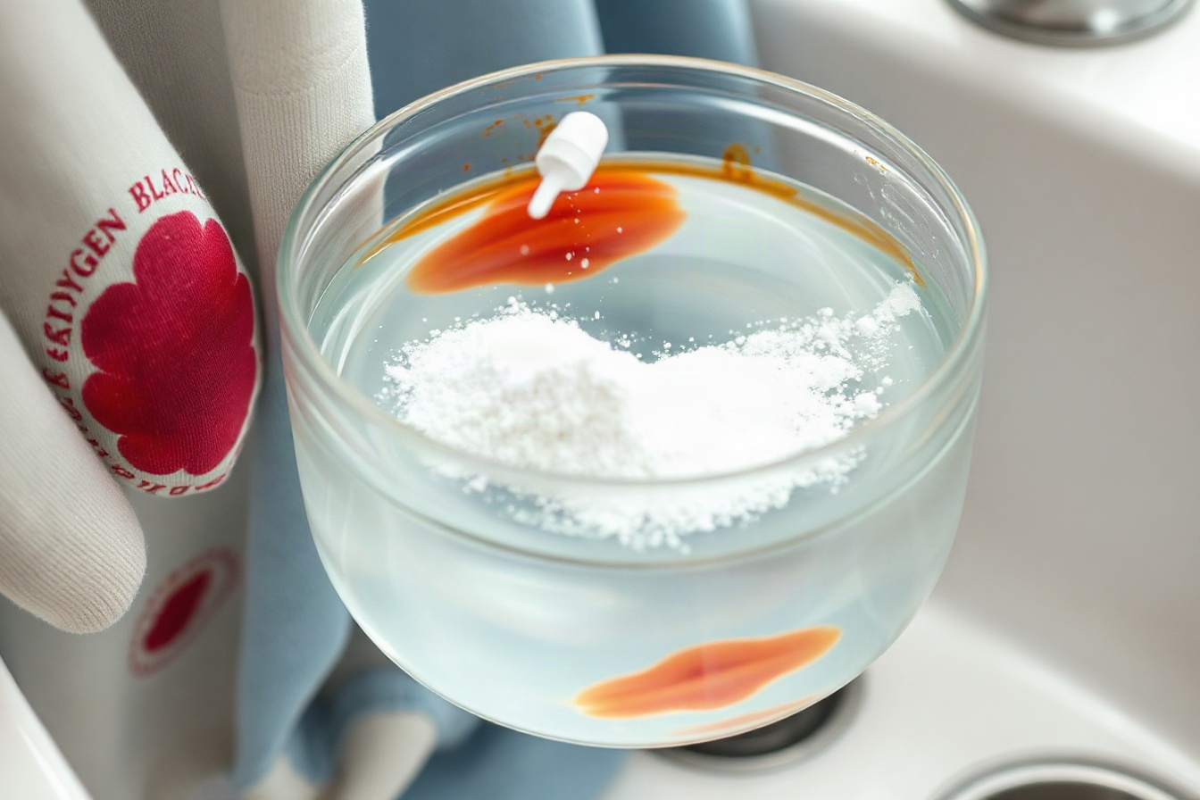 A stained garment soaking in a bowl of water with oxygen bleach powder dissolving