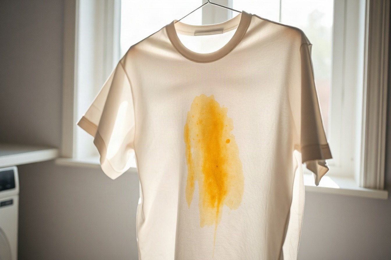A white shirt with a faint yellow curry stain being held up to sunlight near a window