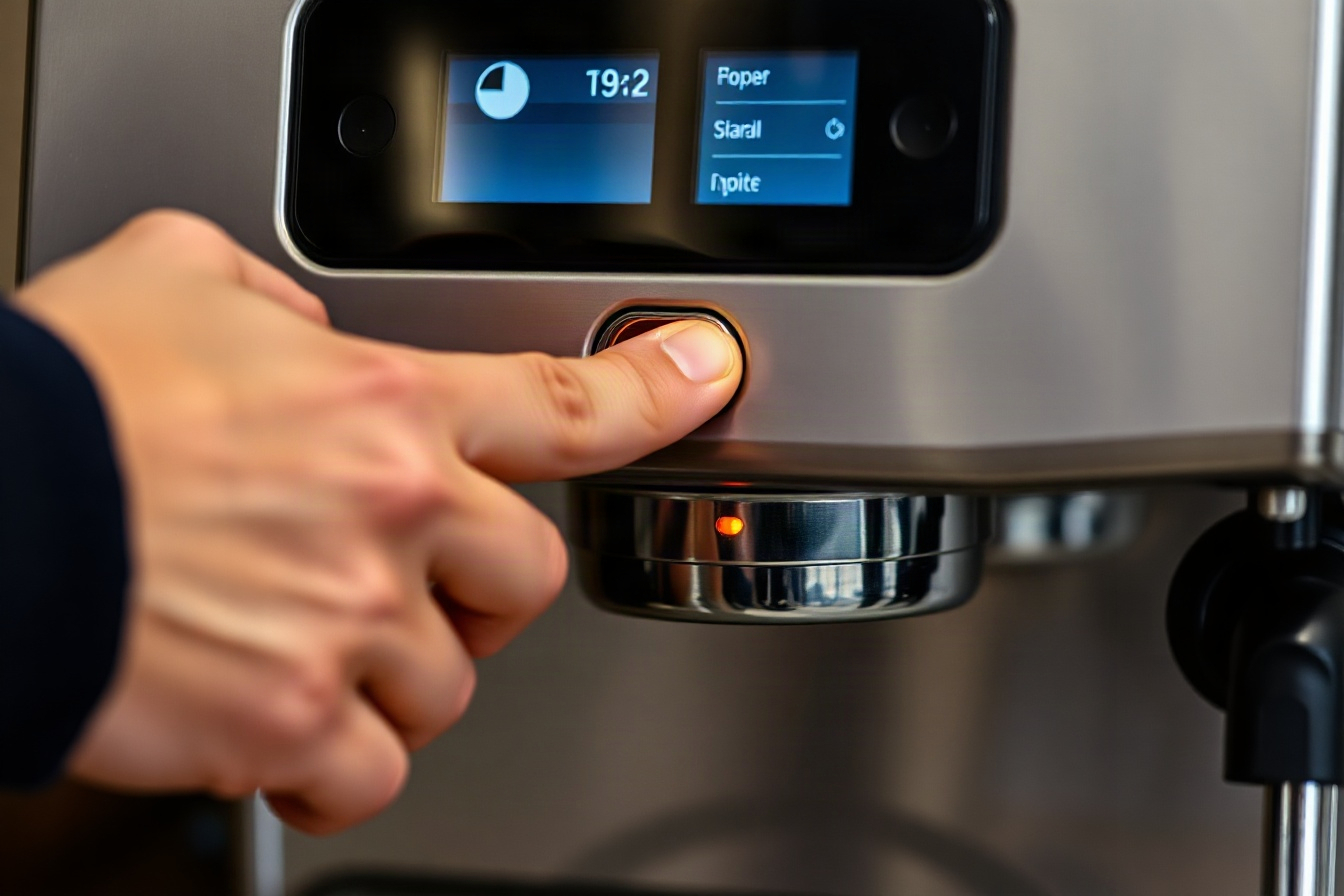A hand pressing a button on a compact espresso machine control panel