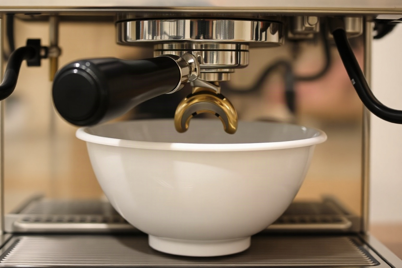 A large bowl under the steam wand and coffee spouts during a descaling cycle