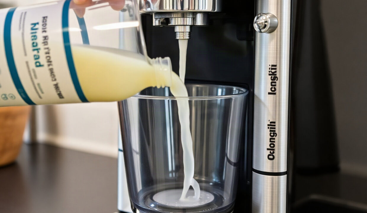 Descaling solution being poured into the water tank of a bean to cup coffee machine