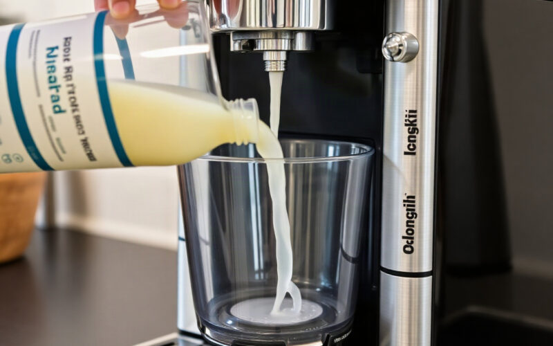Descaling solution being poured into the water tank of a bean to cup coffee machine