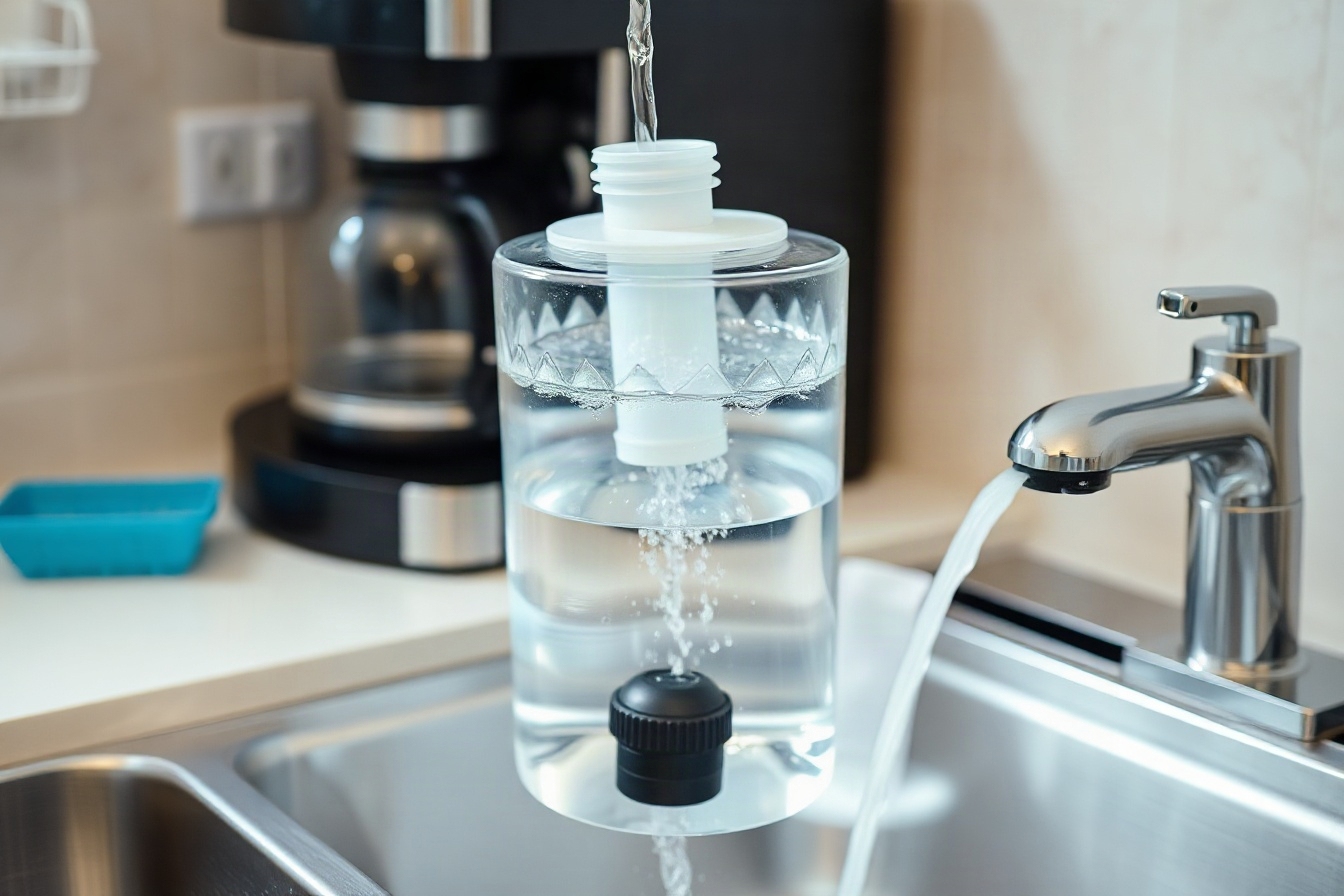 A clear water tank being rinsed and refilled with fresh water at a kitchen sink