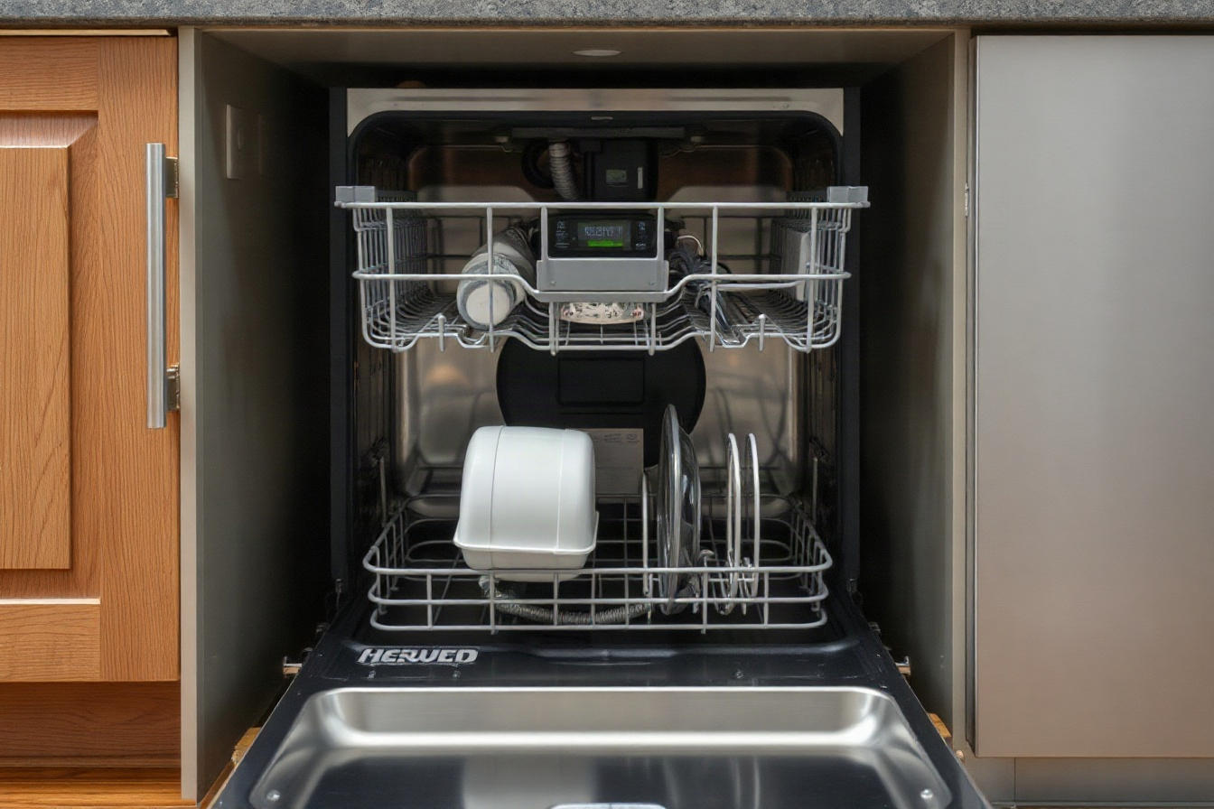 A dishwasher pulled forward with the drain hose visible behind it
