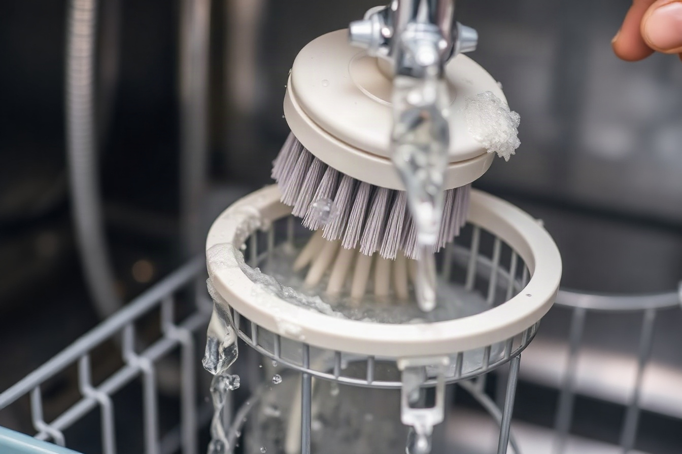 A dishwasher filter being rinsed and scrubbed with a soft brush under a kitchen tap