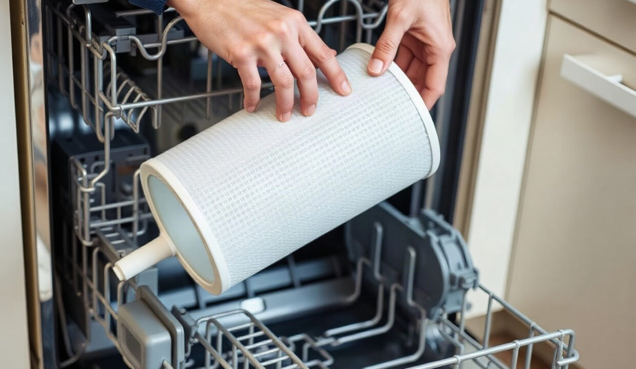 Hands removing a cylindrical dishwasher filter from the base of an open dishwasher