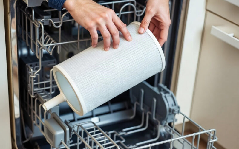 Hands removing a cylindrical dishwasher filter from the base of an open dishwasher
