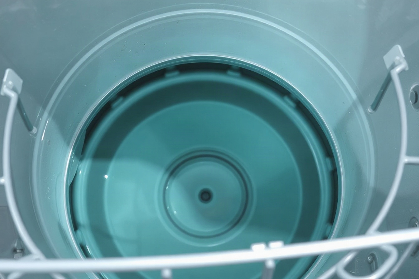 Standing water pooled at the bottom of an open dishwasher drum