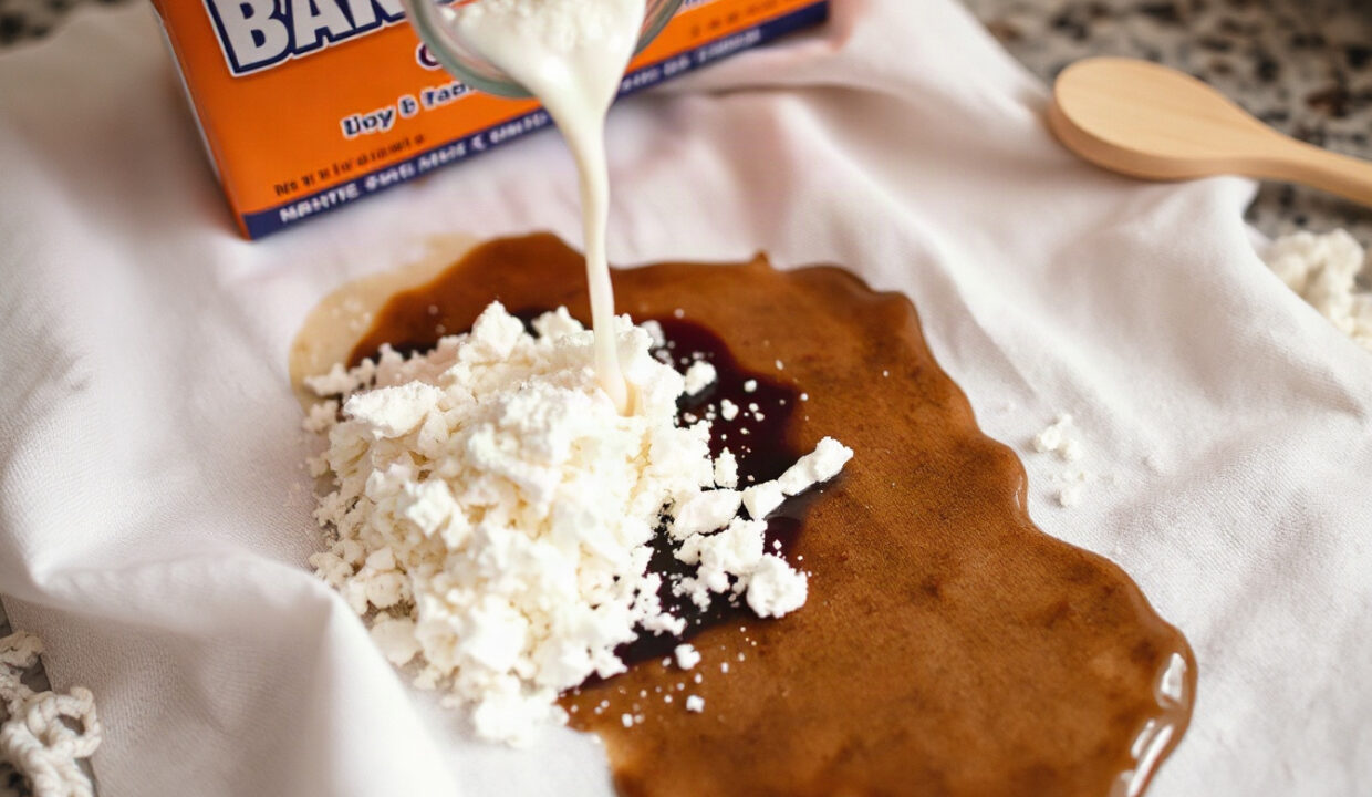 Baking soda being poured onto a dark grease stain on fabric
