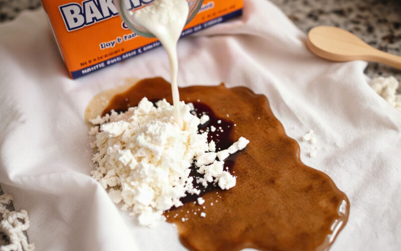 Baking soda being poured onto a dark grease stain on fabric