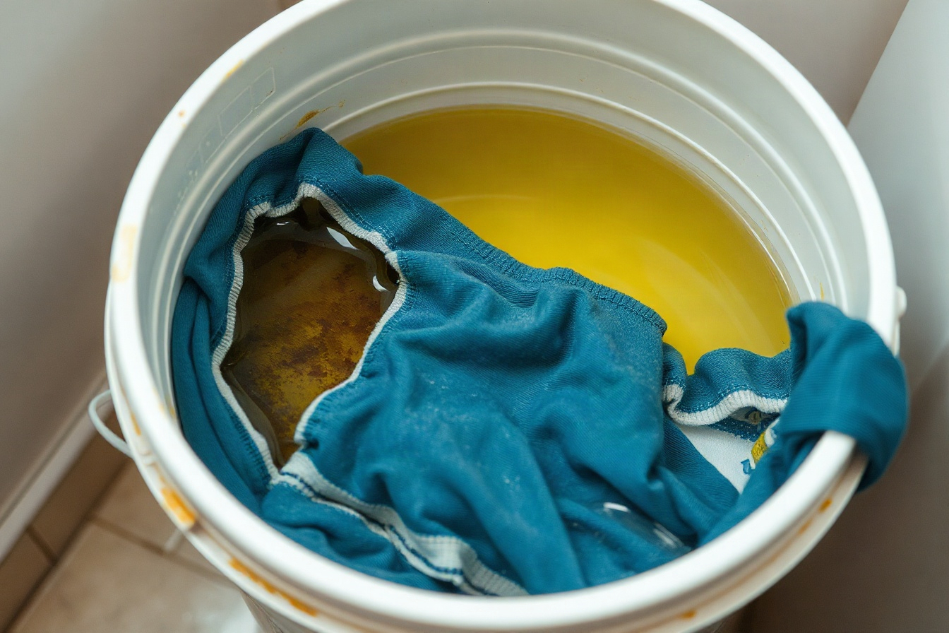 A stained garment soaking in a bucket of warm water with detergent