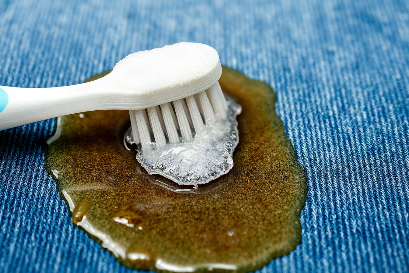 A toothbrush working dish soap into a greasy stain on denim