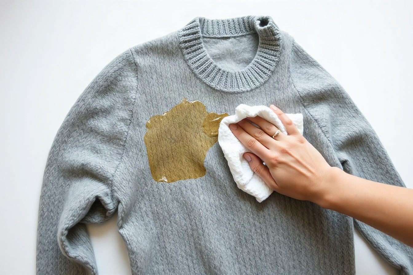A wool jumper laid flat while a grease stain is treated with a cloth